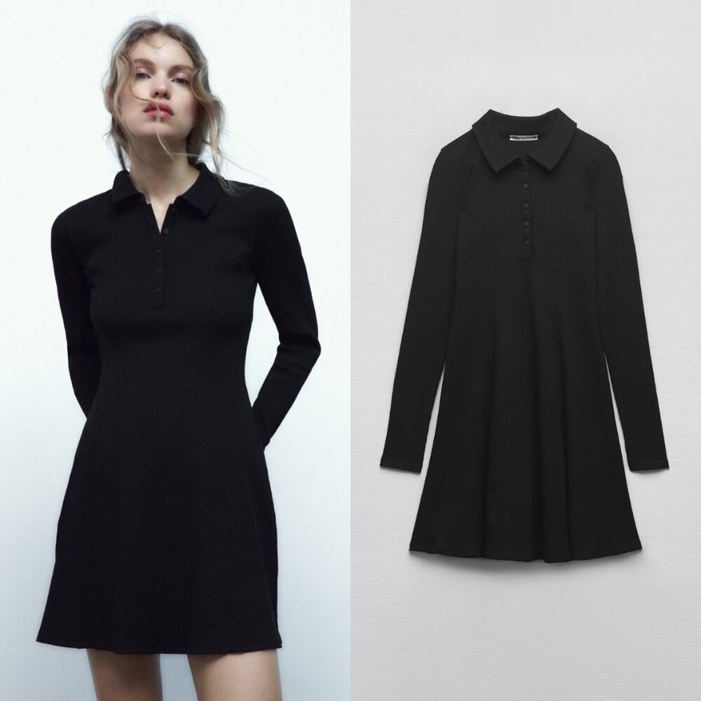 ZARA Women's Size Small Black Long Sleeve Mini Polo A-Line Ribbed Knit Dress S